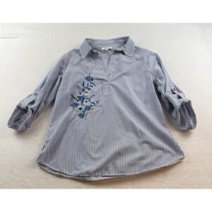 MPH Collection Blue Striped Embroidered Floral Shirt Women's Size PL